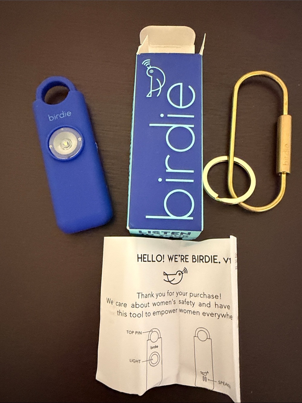 Birdie Blue Personal Safety Alarm Keychain with Gold Clip NIB